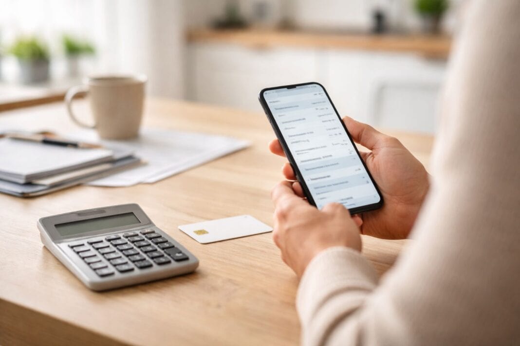 Umschuldung planen am Küchentisch mit Smartphone