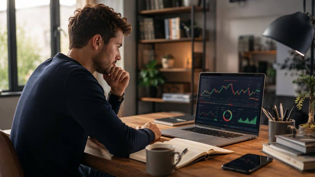 Aktien für Anfänger 2026: So verstehst du Aktien, bevor du dein erstes Geld investierst Einsteiger analysiert Aktienanlage am modernen Arbeitsplatz ohne Text im Bild