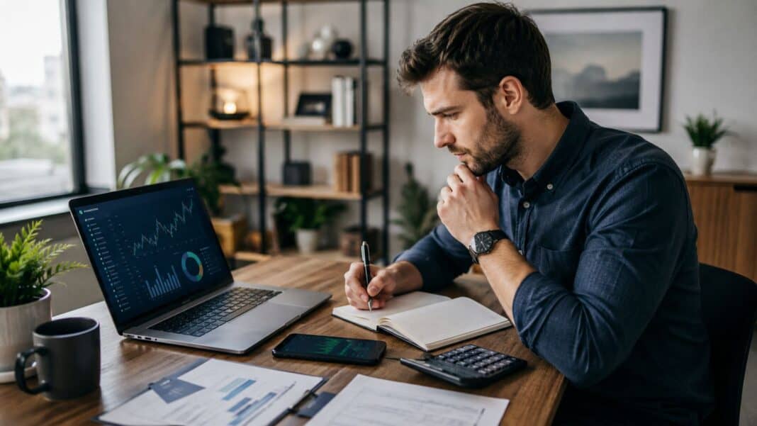 Ruhige Finanzplanung am Schreibtisch mit Depotübersicht und langfristiger Anlagestrategie