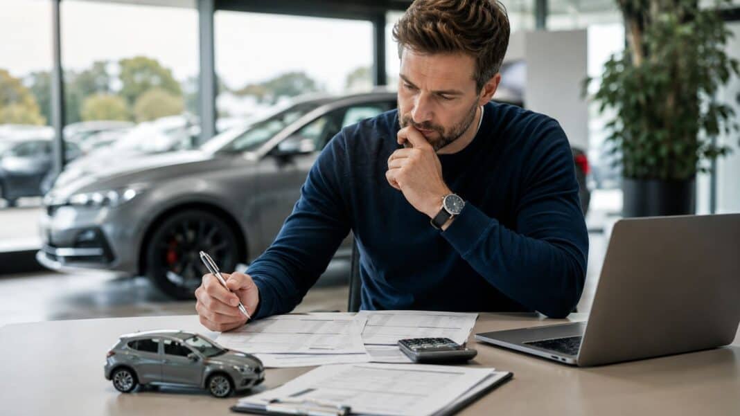 Sorgfältig geplante Autofinanzierung mit Schlüssel, Unterlagen und Fahrzeug im Hintergrund