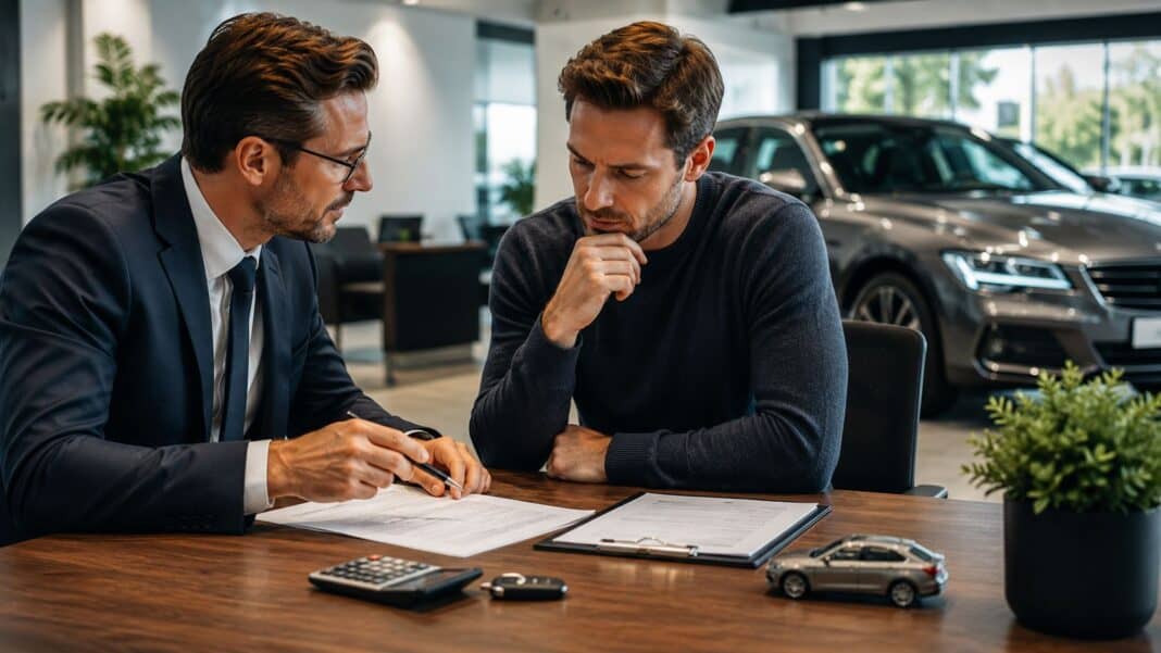 Autokauf mit Finanzierungsunterlagen und Autoschlüssel auf einem Beratungstisch