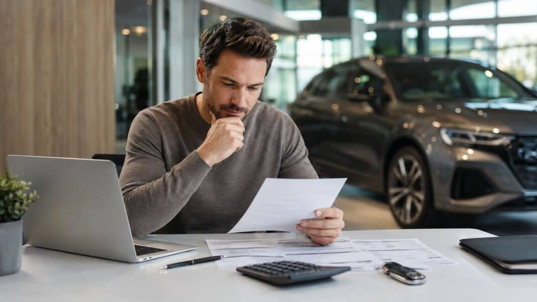 Autokredit Vergleich 2026: Warum du nicht nur auf die Monatsrate schauen darfst Seriöser Autokredit Vergleich mit Fahrzeugschlüssel und Finanzierungsunterlagen auf modernem Schreibtisch