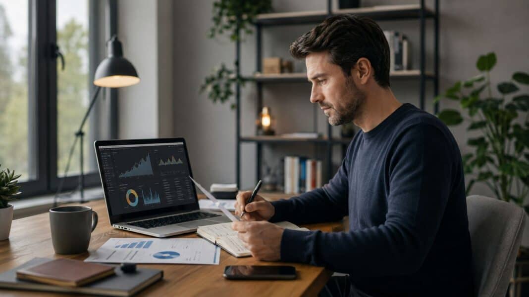Bestes Depot finden: Diese 12 Kriterien sind wichtiger als eine kostenlose Depotführung Anleger prüft Depotvergleich am Laptop mit Finanzunterlagen auf dem Schreibtisch