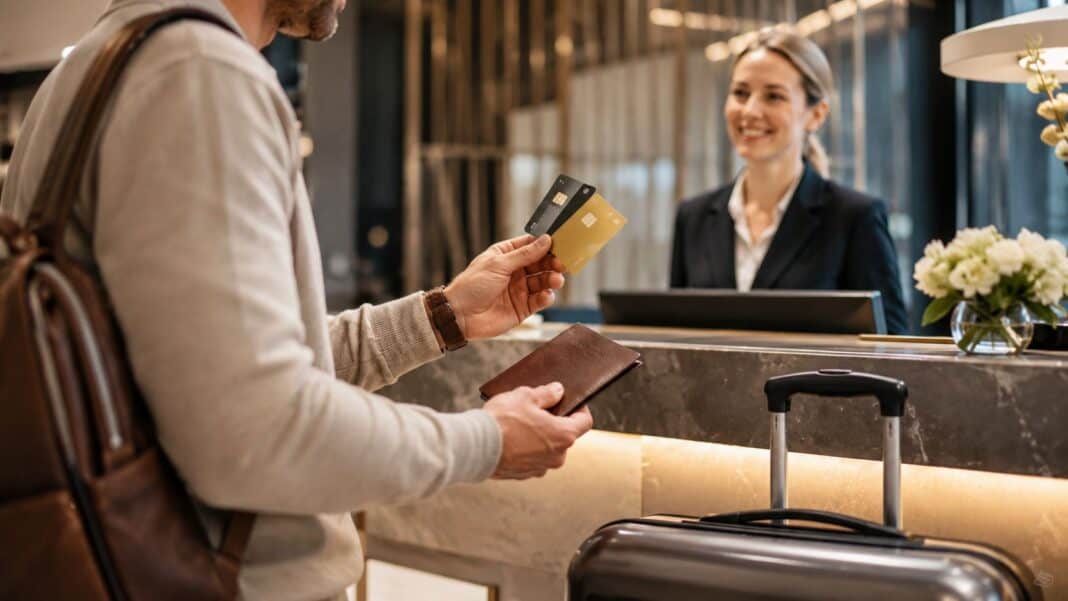 Debitkarte oder Kreditkarte: Der wichtige Unterschied, den viele erst im Urlaub bemerken Reisekarten auf einem modernen Hoteltresen mit Koffer im Hintergrund