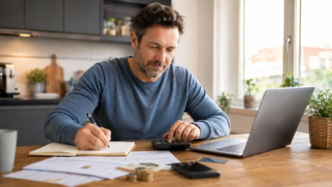 Person plant am Küchentisch die Ablösung des Dispos und ordnet ihre Finanzen neu