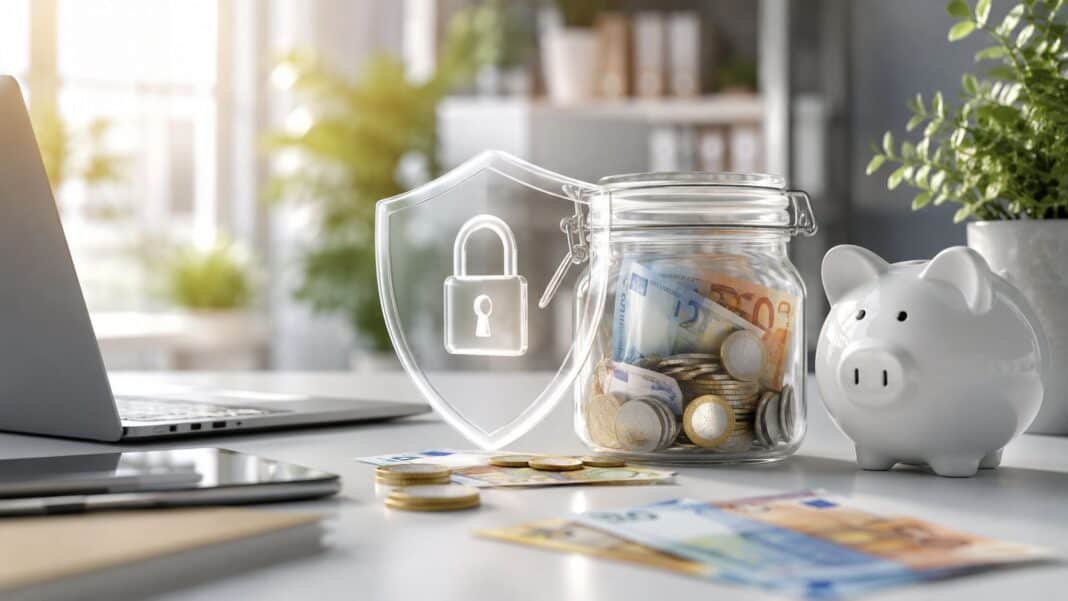 Einlagensicherung beim Tagesgeld: Wie sicher ist dein Geld? Sicher geparktes Tagesgeld mit Schutzsymbol und Bankunterlagen im modernen Finanzumfeld
