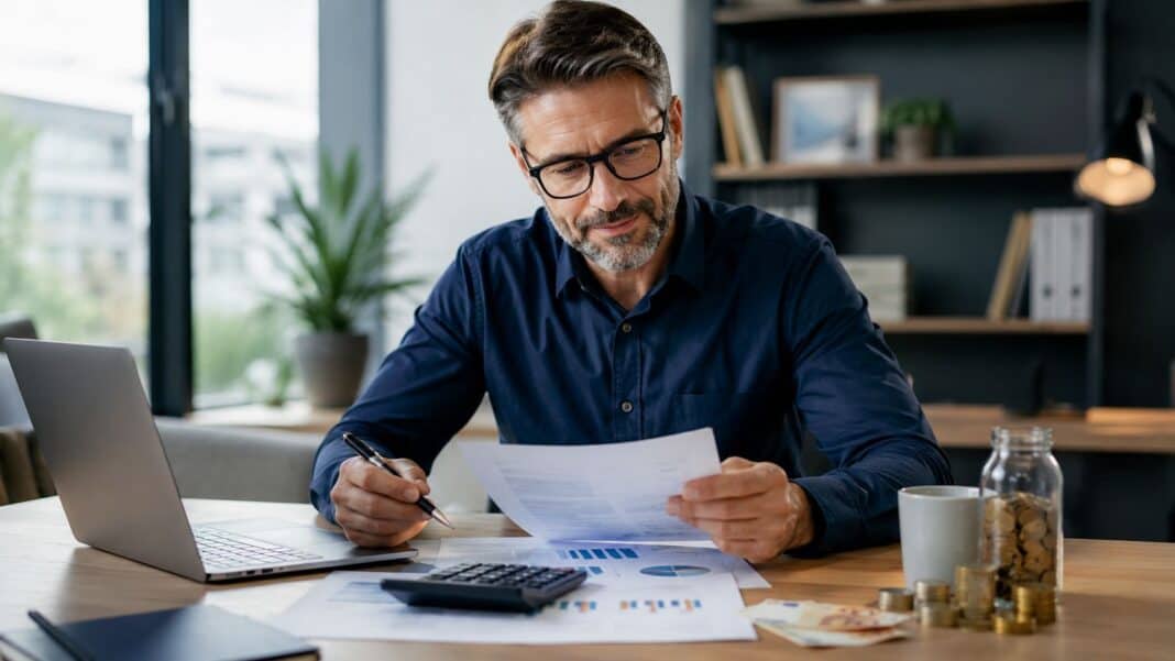 Arbeitnehmer prüft betriebliche Altersvorsorge und Rentenunterlagen am Schreibtisch