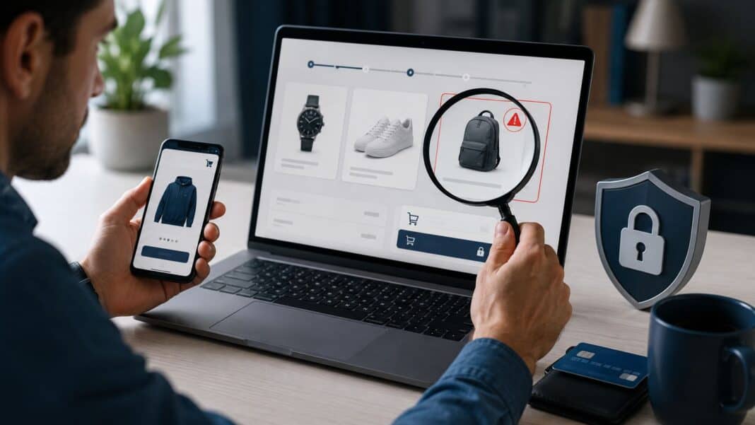 Fake-Shops erkennen: So prüfst du Online-Shops, bevor dein Geld weg ist Sichere Online-Bestellung mit prüfendem Blick auf einen verdächtigen Webshop