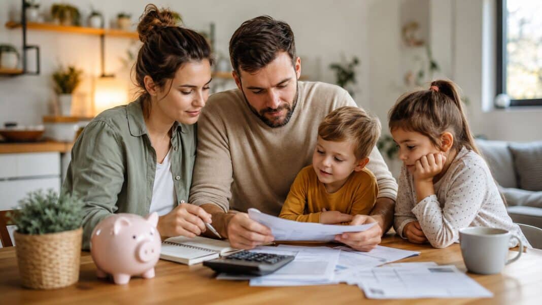 Familie absichern mit wenig Geld: Welche Absicherung wirklich Priorität hat Familie plant gemeinsam ihre finanzielle Absicherung am Küchentisch