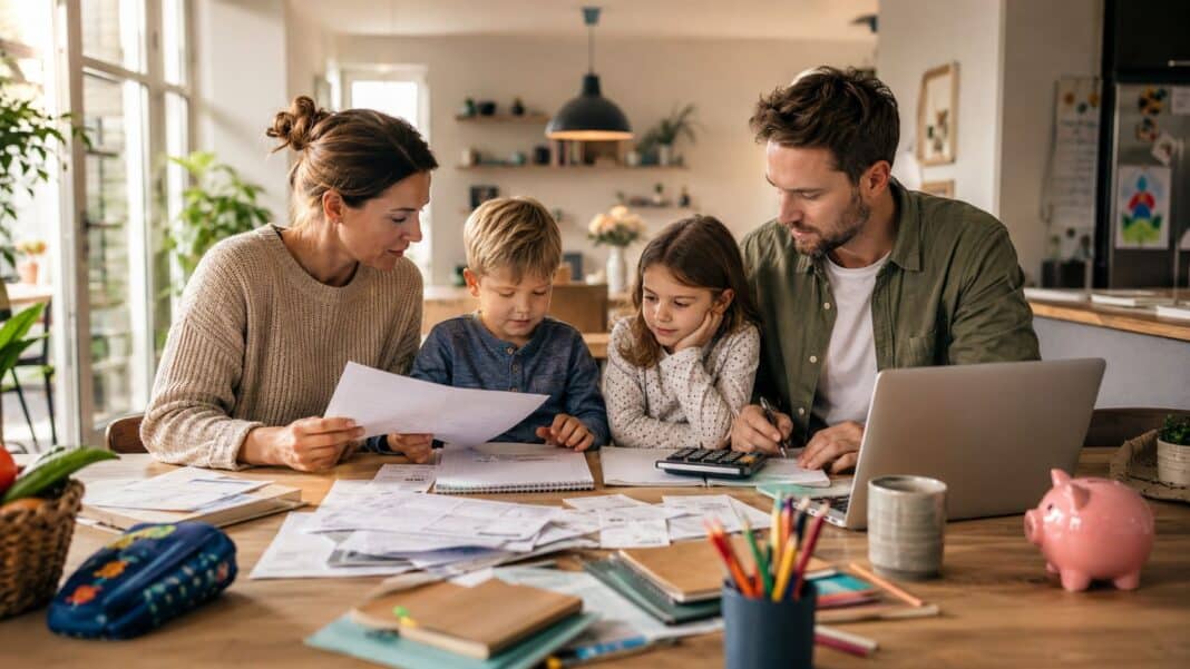 Familienbudget 2026: So planst du alle Kosten realistisch – von Miete bis Kinderbetreuung Familie plant gemeinsam das Haushaltsbudget am Küchentisch im modernen Zuhause