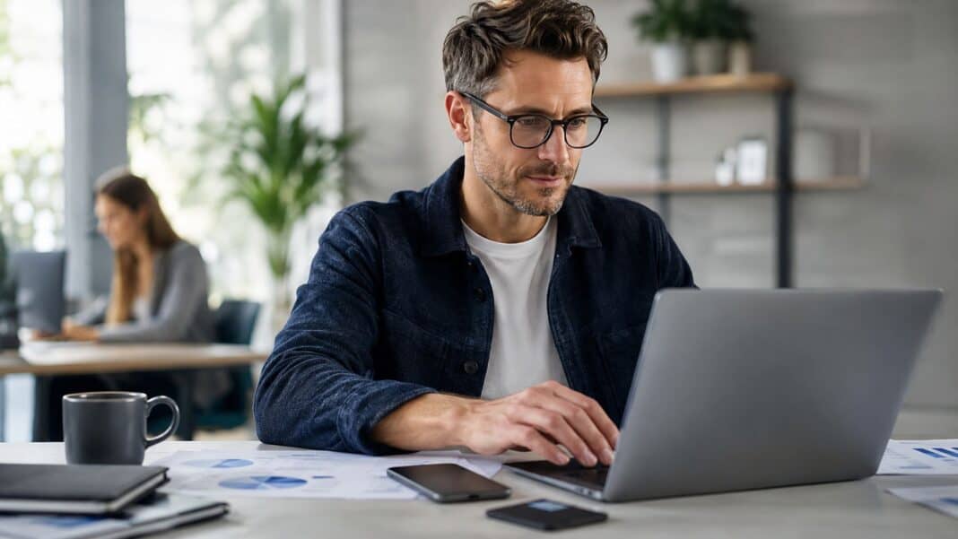 Selbstständige Person prüft Geschäftskonto am Laptop