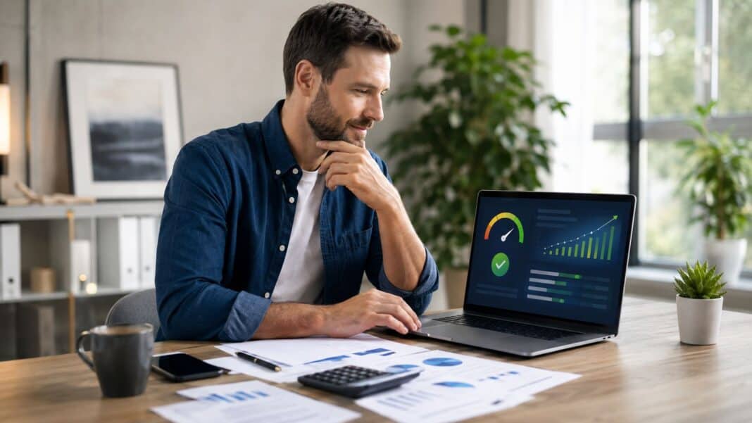 Seriöse Bonitätsprüfung mit Finanzunterlagen und digitalem Score im modernen Büro