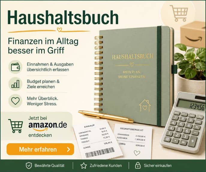 Haushaltsbuch-Banner mit Budgetplaner, Rechner und Hinweis auf amazon.de