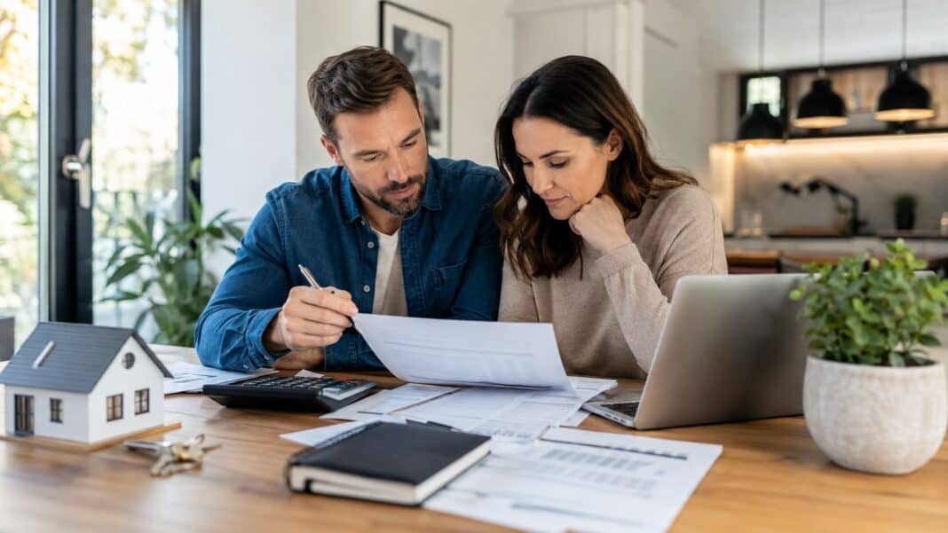 Immobilienkredit 2026: Wie viel Kredit du dir wirklich leisten kannst, ohne dich finanziell zu übernehmen Junges Paar prüft Immobilienfinanzierung am Küchentisch mit Hausmodell und Unterlagen