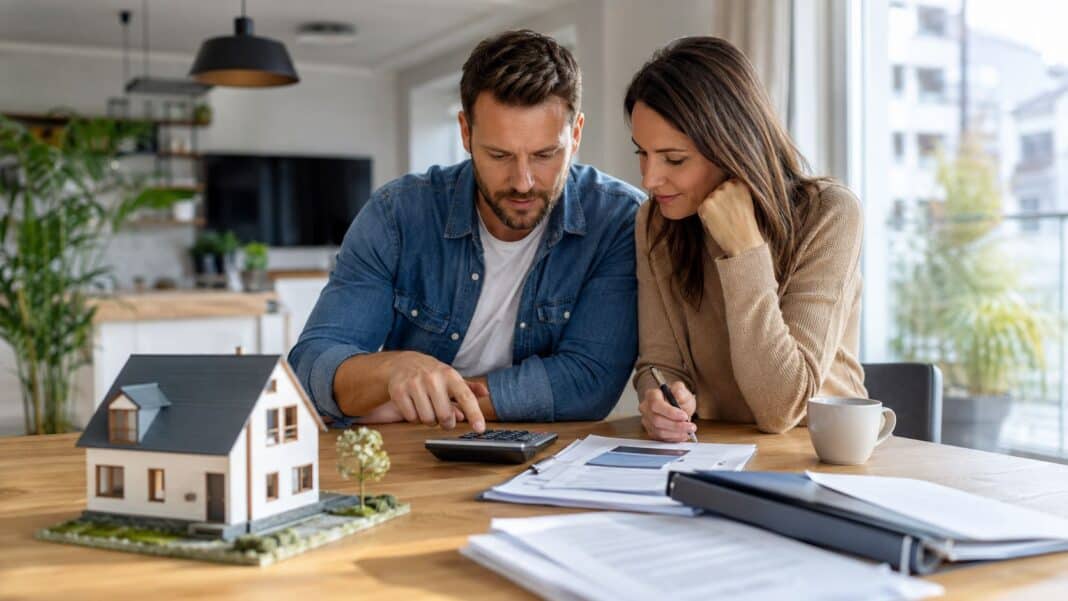 Kaufnebenkosten 2026: Welche Zusatzkosten beim Immobilienkauf wirklich auf dich zukommen Junges Paar prüft Immobilienkauf-Unterlagen mit Taschenrechner und Hausmodell auf dem Tisch