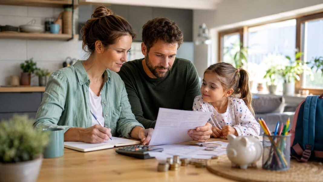 Familie plant ihre Finanzen am Küchentisch mit Unterlagen und Haushaltsbudget