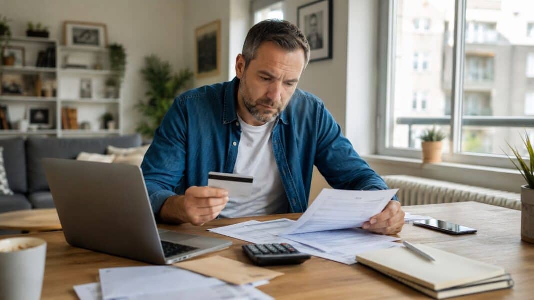 Person prüft Bankunterlagen für ein Konto trotz Schufa am Laptop in moderner Wohnung