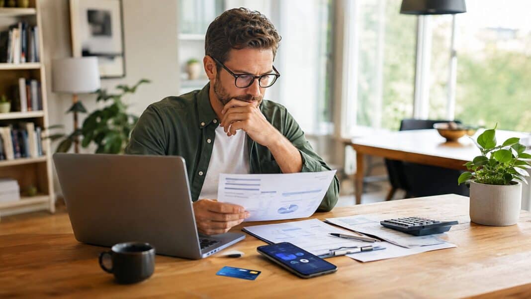 Kontogebühren vermeiden: Diese Kosten solltest du kennen Person prüft Bankgebühren und Kontokosten am Laptop im modernen Zuhause?
