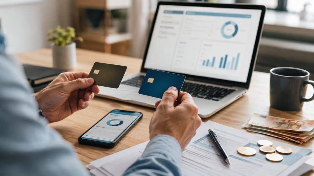 Modernes Onlinebanking mit Girokarte und Haushaltsunterlagen auf einem Schreibtisch
