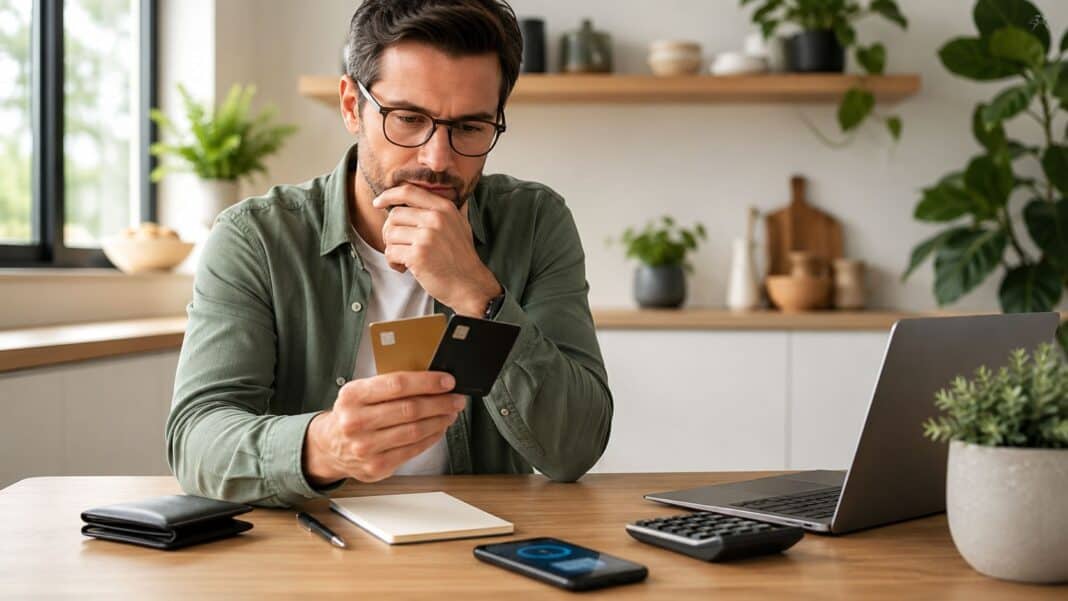 Moderne Kreditkarte neben Smartphone und Haushaltsbudget auf einem hellen Schreibtisch