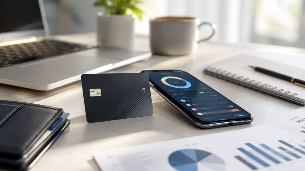Kreditkarte ohne Girokonto: Für wen lohnt sich das wirklich? Moderne Kreditkarte neben Smartphone und Finanzunterlagen