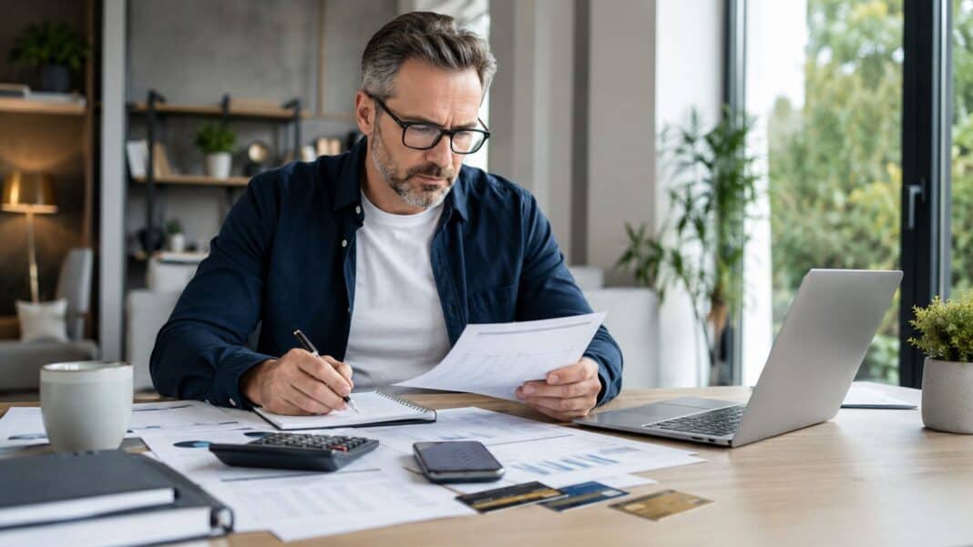 Seriöse Kreditprüfung am Schreibtisch mit Unterlagen und Finanzplanung