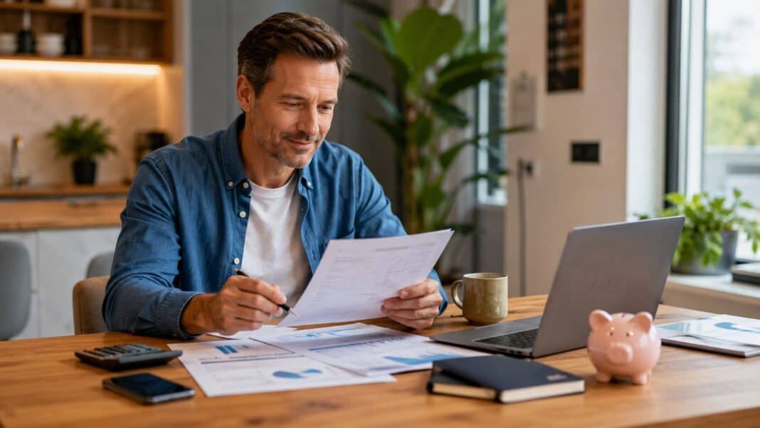 Person prüft Kreditunterlagen und Finanzübersicht am Schreibtisch im modernen Zuhause
