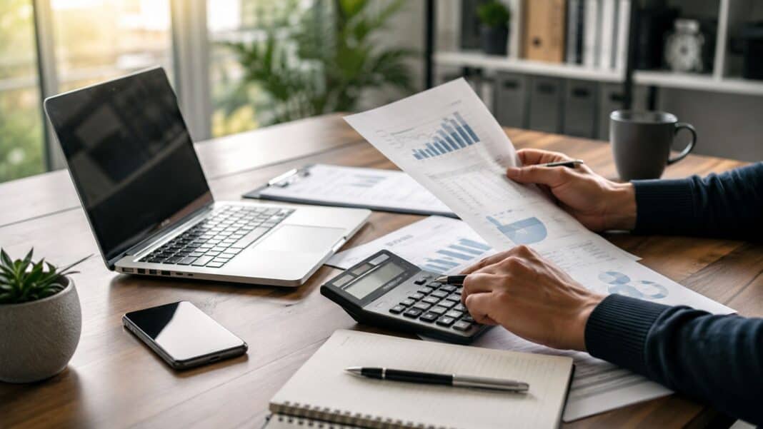 Seriöser Kreditvergleich mit Rechner, Unterlagen und Finanzplanung auf modernem Schreibtisch