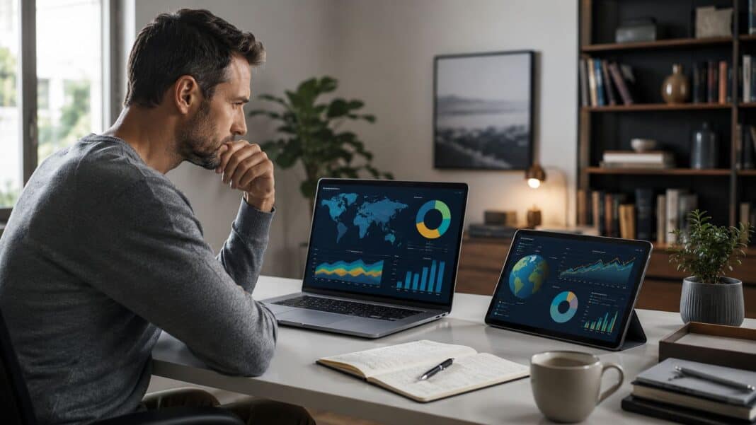 MSCI World oder FTSE All-World? Welcher ETF für Einsteiger wirklich besser passt Einsteiger vergleicht zwei globale ETF-Strategien am Laptop