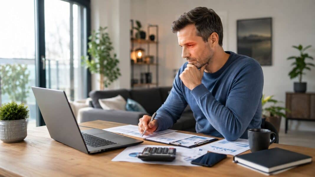 Person prüft Online-Kredit-Antrag am Laptop mit Haushaltsbudget und Finanzunterlagen im modernen Zuhause