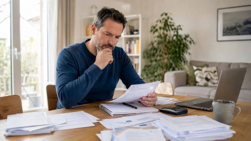 Privatinsolvenz 2026: Wie das Verfahren wirklich abläuft und wann es sinnvoll ist Nachdenkliche Person sortiert Finanzunterlagen für einen schuldenfreien Neustart