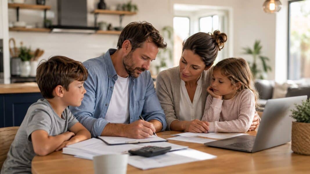 Risikolebensversicherung für Familien: Wie du Partner und Kinder finanziell richtig absicherst Familie plant finanzielle Sicherheit am Küchentisch im hellen Zuhause