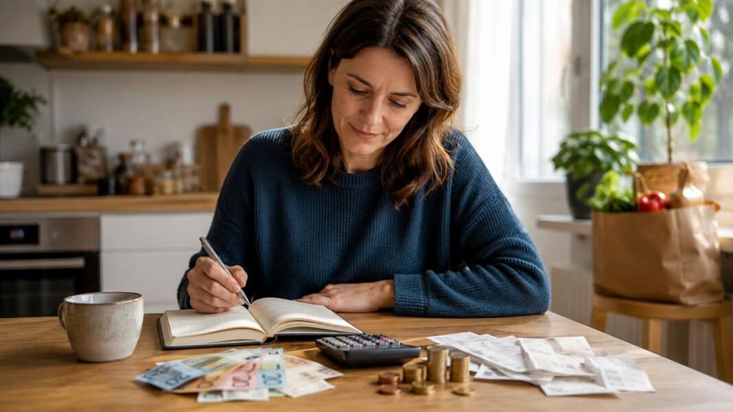 Sparen mit wenig Geld 2026: Wie du trotz knapper Kasse finanziell wieder Luft bekommst Junge Person plant Haushaltsbudget mit Notizbuch und Münzen am Küchentisch