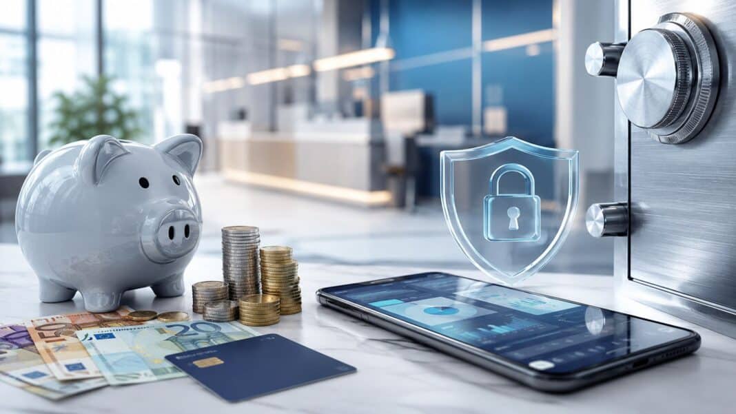 100.000 Euro Einlagensicherung erklärt: Was pro Kunde, pro Bank und pro Konto wirklich gilt Sicheres Erspartes mit Bankkarte und Sparguthaben auf modernem Schreibtisch