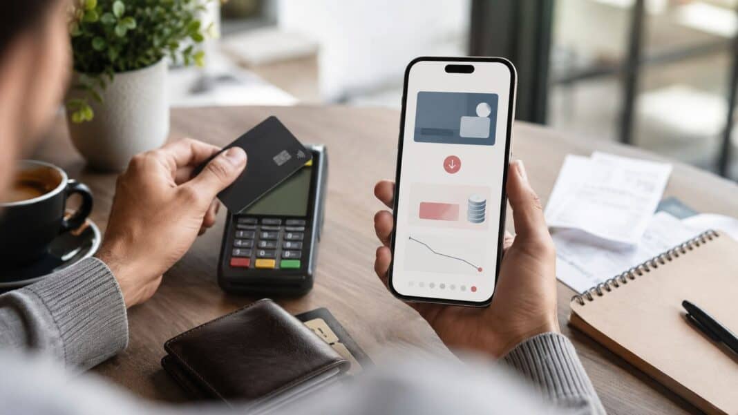 Moderne Debitkarte neben Smartphone und Girokonto-App im Alltag
