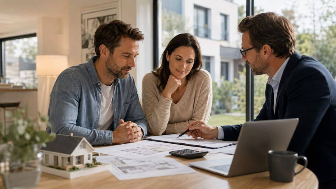Forward-Darlehen einfach erklärt: So sicherst du dir heute die Zinsen für deine Anschlussfinanzierung Familie plant Anschlussfinanzierung mit gesicherten Bauzinsen am Küchentisch