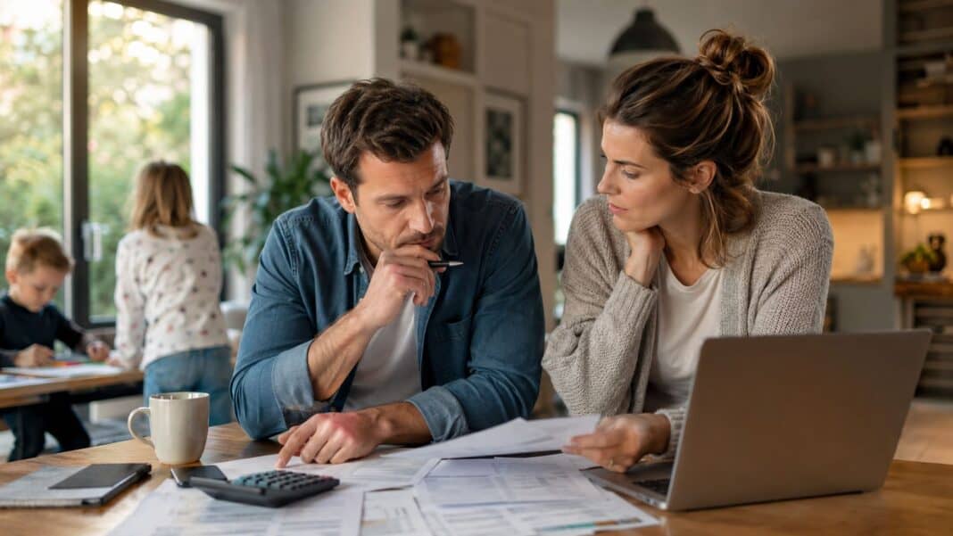 Familie am Küchentisch bei der gemeinsamen Finanzplanung und Absicherung