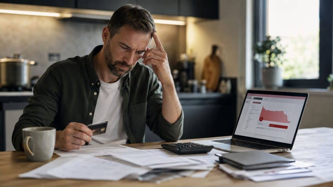 Dispo als Schuldenfalle: Warum das Konto im Minus kein Dauerzustand werden darf Überzogenes Girokonto mit Bankkarte, Haushaltsunterlagen und Finanzplanung