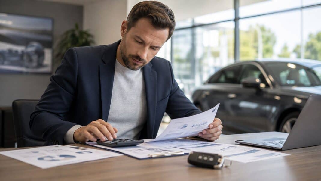 Autokredit-Vergleich mit Finanzierungsunterlagen, Autoschlüssel und Taschenrechner