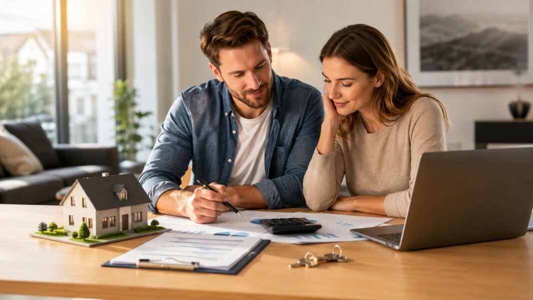 Immobilienkredit berechnen: Diese 9 Zahlen entscheiden über Monatsrate, Zinsen und Restschuld Immobilienfinanzierung mit Hausmodell, Taschenrechner und Finanzierungsunterlagen