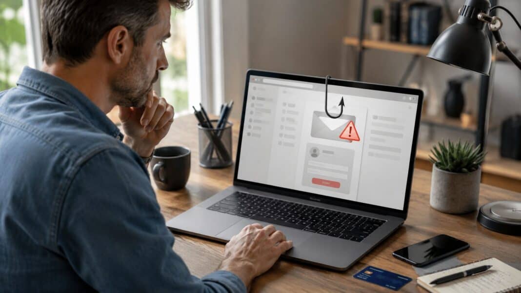 Verdächtige Phishing-Mail auf einem Laptop im sicheren digitalen Alltag