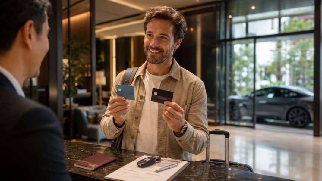 Prepaid Kreditkarte oder echte Kreditkarte: Der entscheidende Unterschied bei Reisen, Mietwagen und Hotels Reisende mit Kreditkarte bei Mietwagenübernahme und Hotel-Check-in