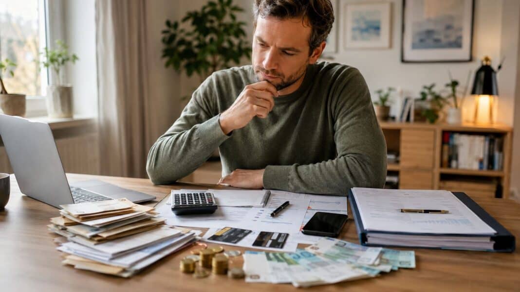 Finanzplanung mit Kreditunterlagen, Taschenrechner und geordnetem Haushaltsbudget