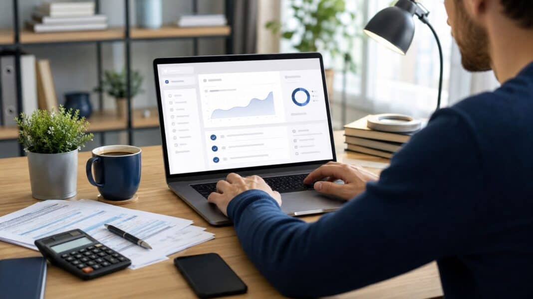 Steuer-Software für Anfänger: So findest du ein Programm, das dich wirklich sicher führt Steuererklärung am Laptop mit geordneten Finanzunterlagen und Taschenrechner