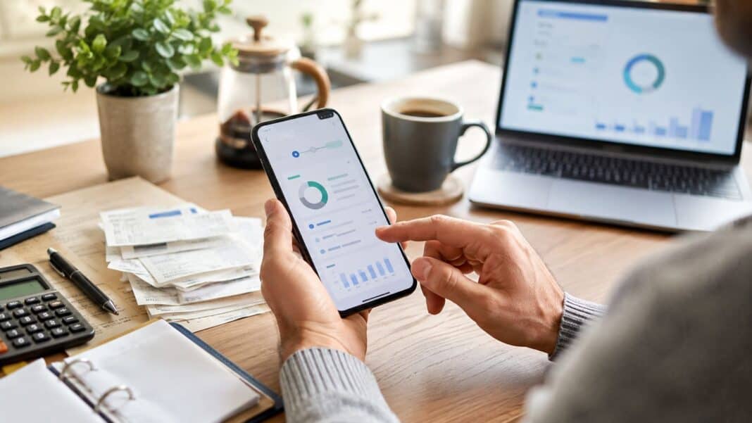 Steuererklärung auf dem Smartphone mit Finanzunterlagen am Schreibtisch